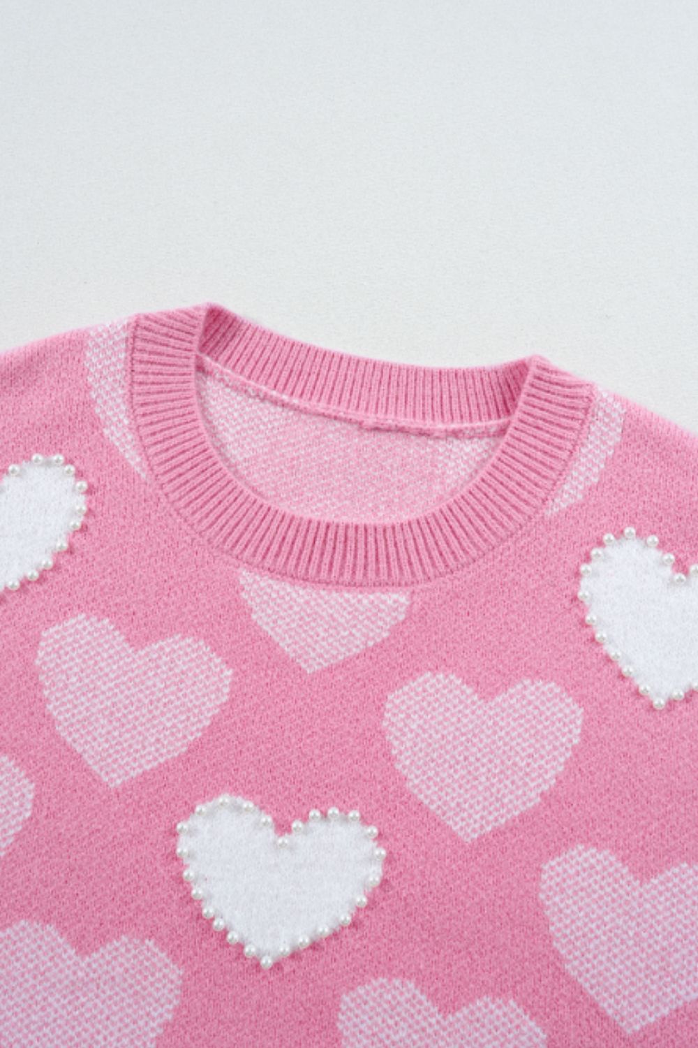 Pearl Trim Heart Round Neck Long Sleeve Sweater