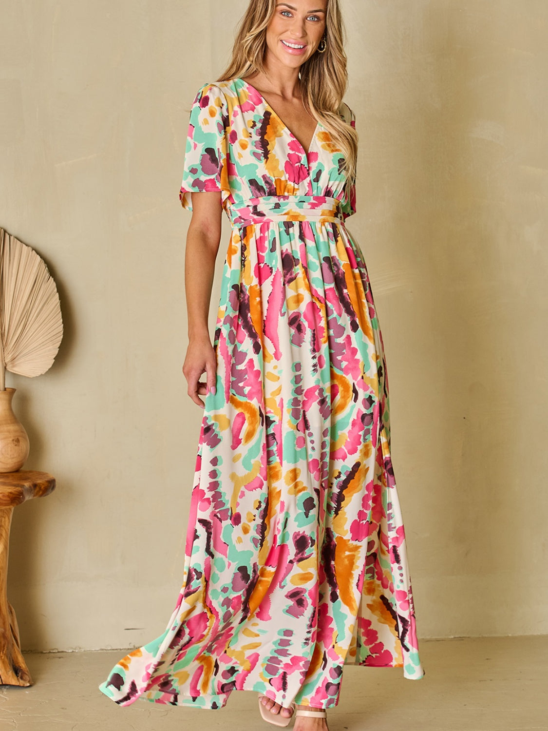 Slit Printed Surplice Short Sleeve Maxi Dress