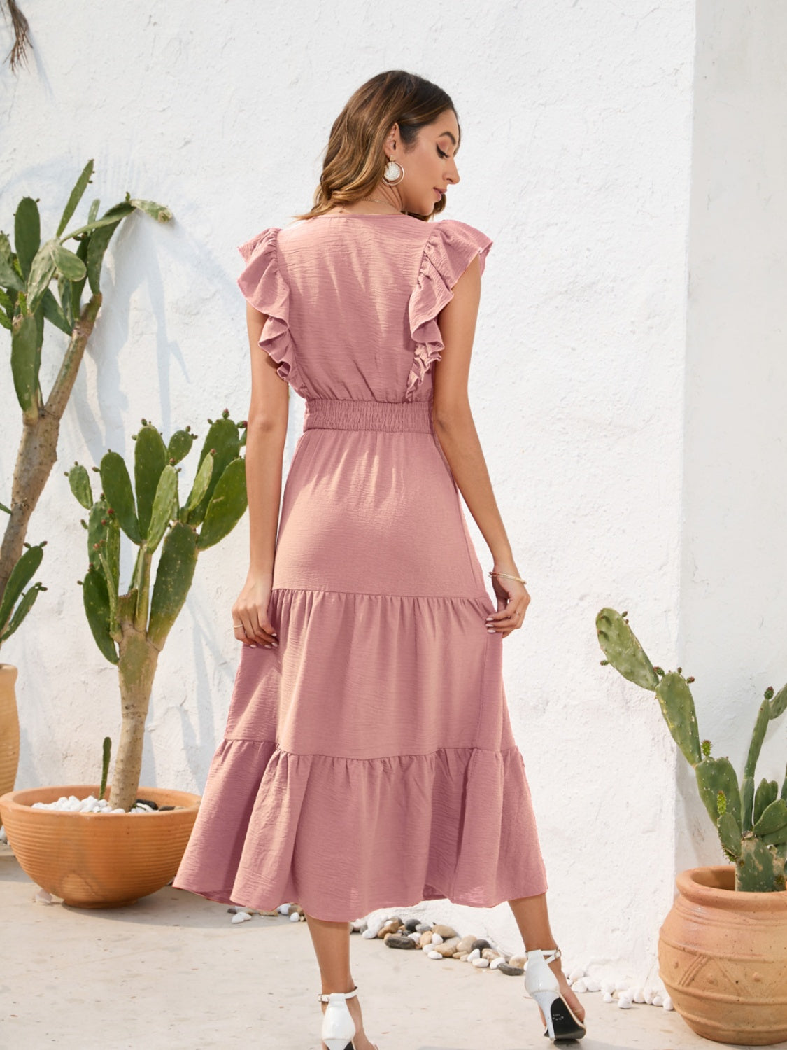 Tiered Ruffled V-Neck Cap Sleeve Dress