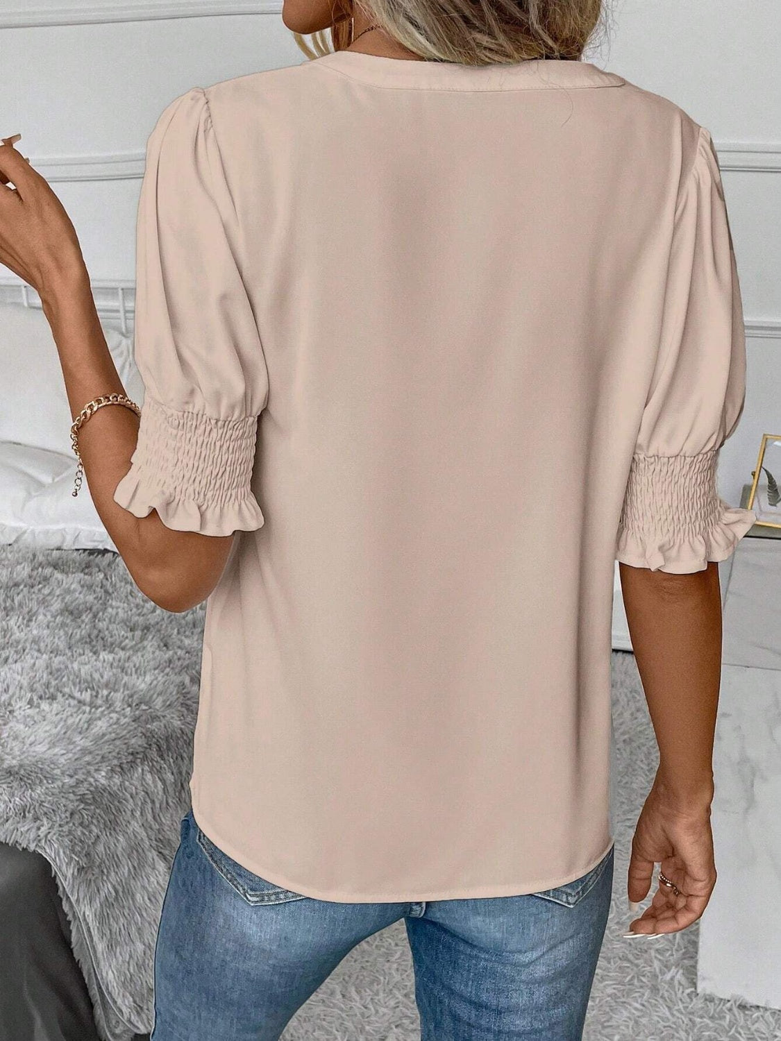 Notched Short Sleeve Blouse