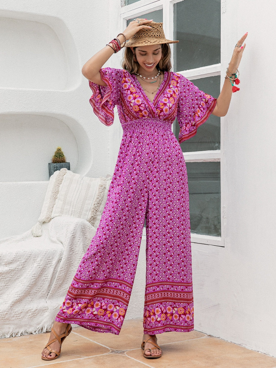 Floral Surplice Flutter Sleeve Jumpsuit