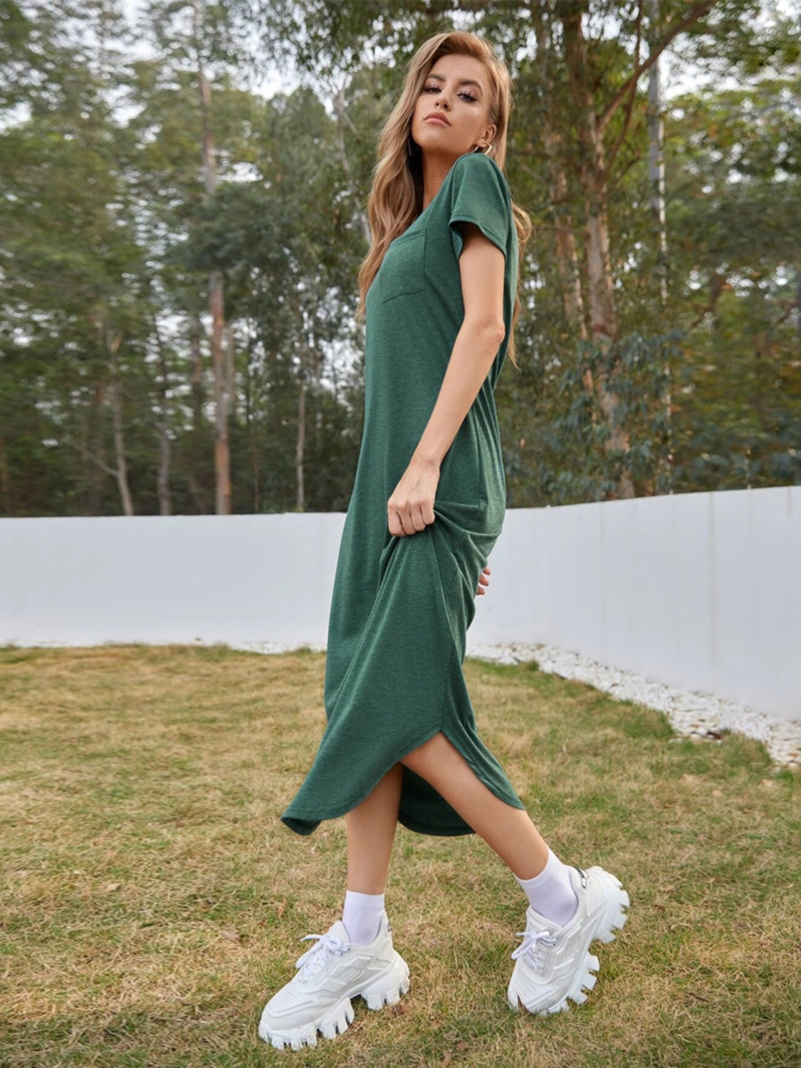 Scoop Neck Short Sleeve Midi Dress