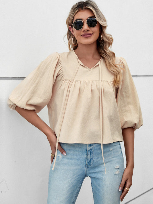 Tie Neck Balloon Sleeve Blouse