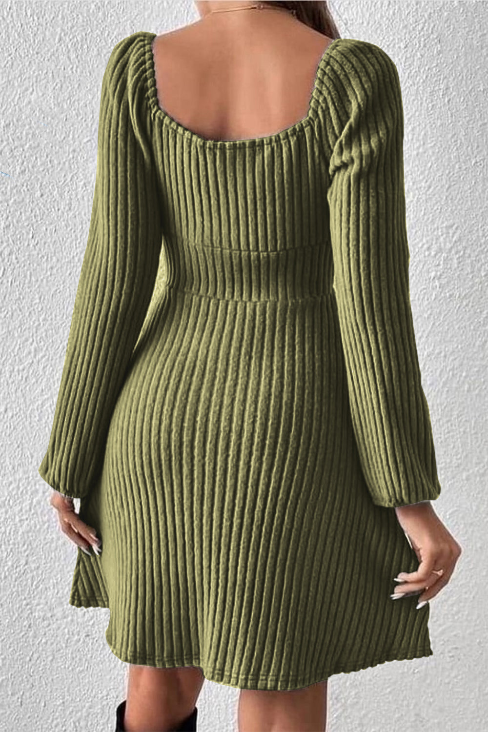 Ribbed Tied Square Neck Long Sleeve Mini Dress