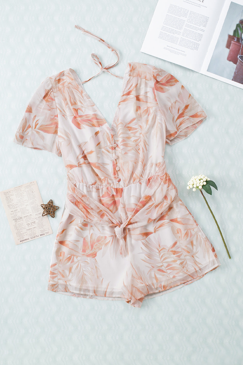 Printed Short Sleeve Tie Front Romper