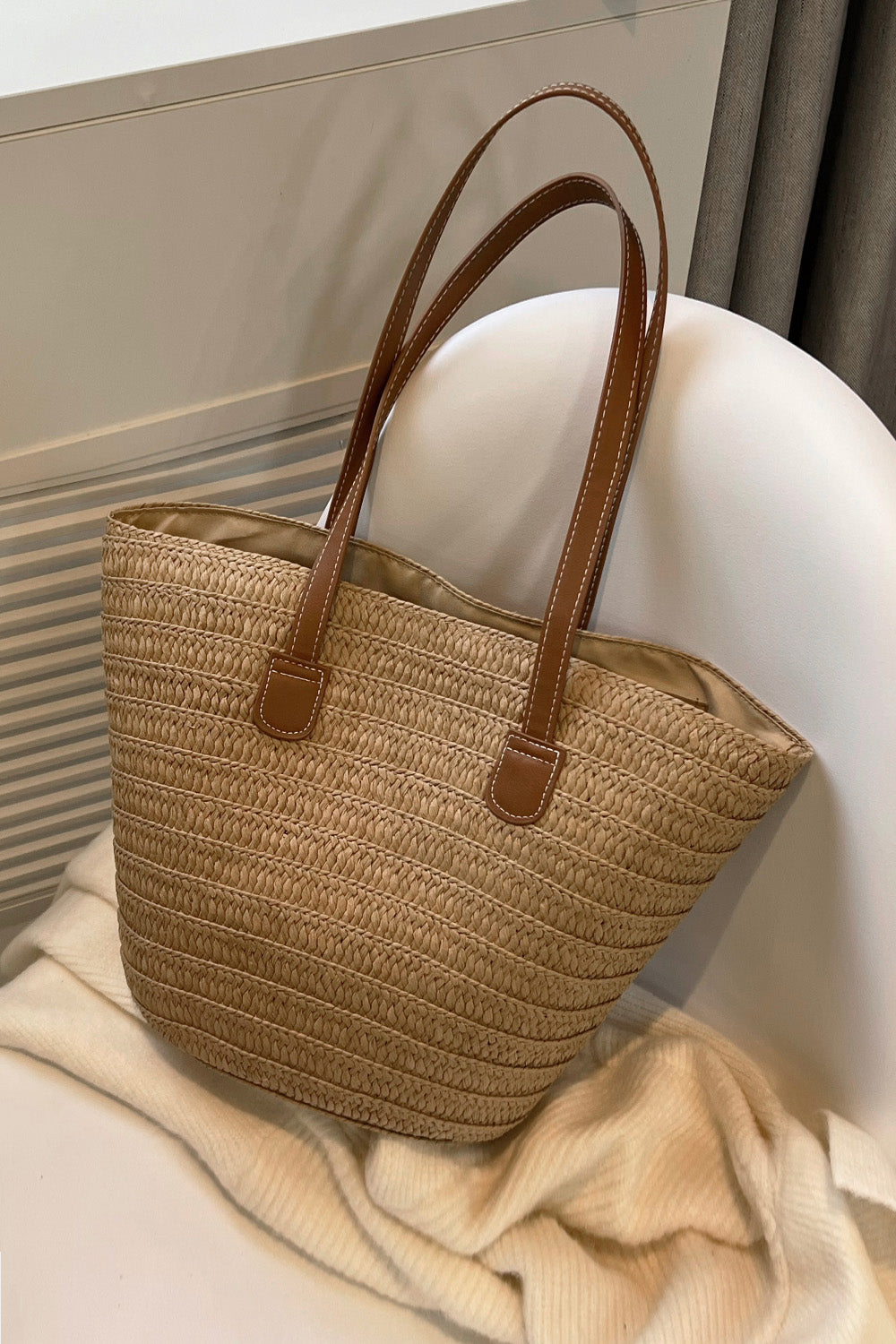 PU Leather Handle Straw Tote Bag