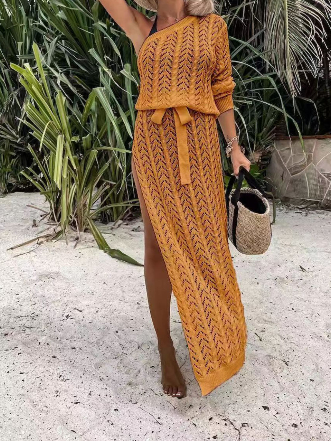 Slit Openwork Single Shoulder Knit Dress