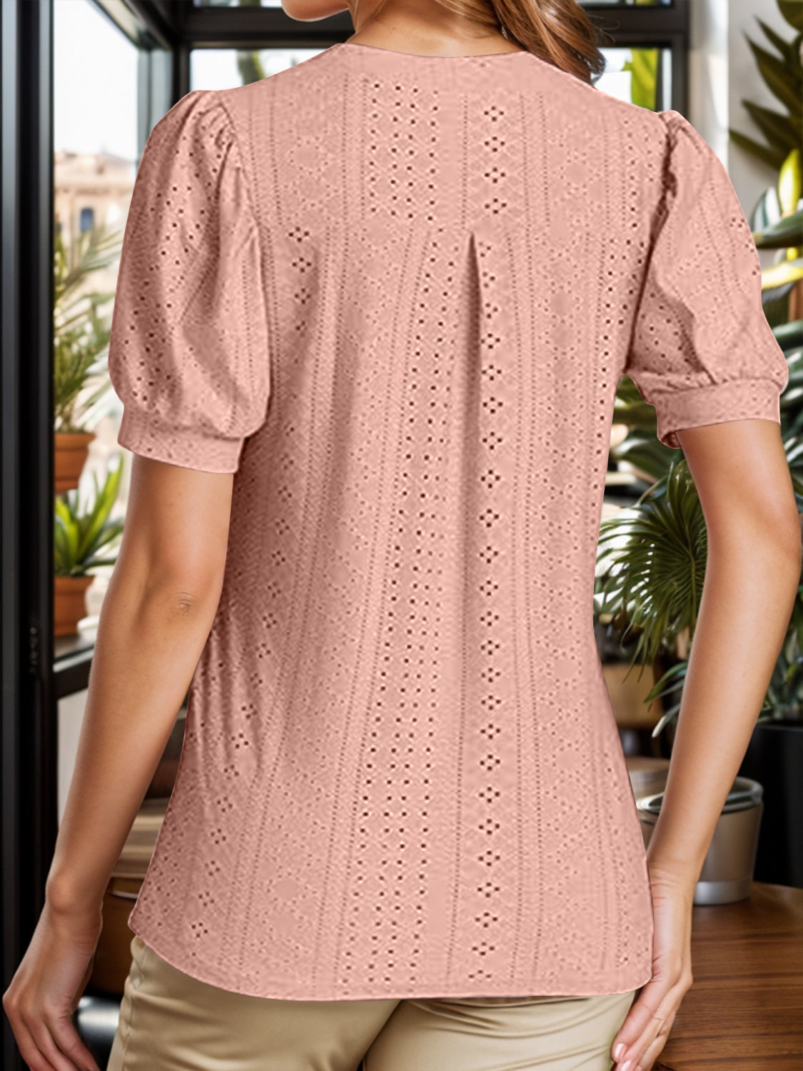 Eyelet Notched Short Sleeve Blouse