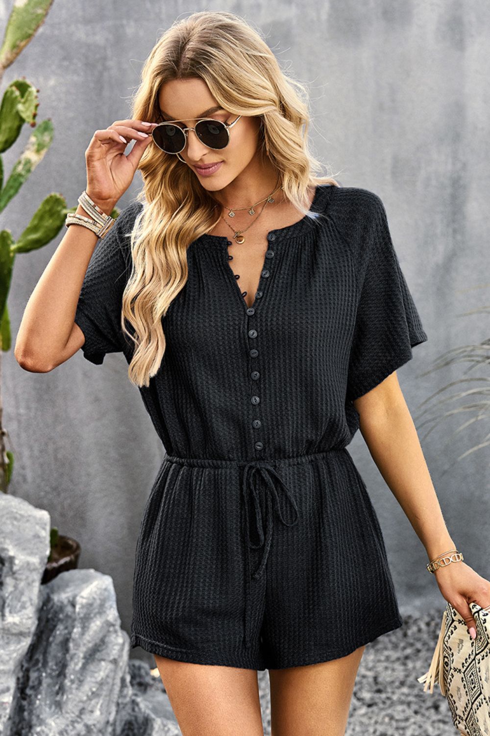 Waffle-Knit Drawstring Waist Romper