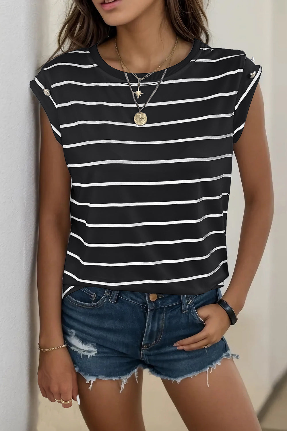 Decorative Button Round Neck T-Shirt