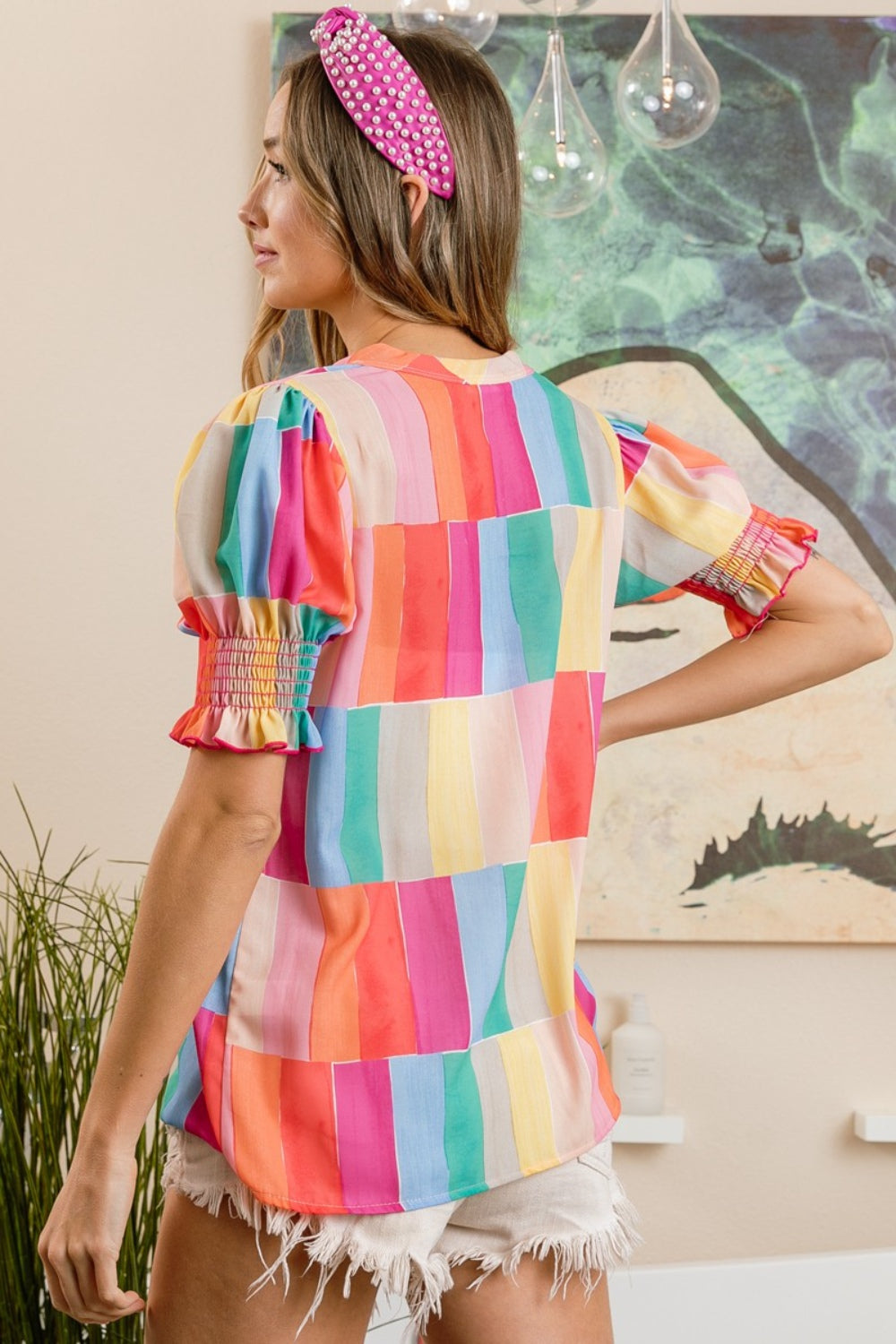 BiBi Color Block Smocked Short Sleeve Blouse