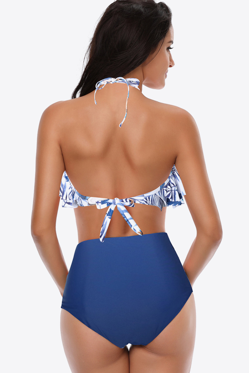 Two-Tone Ruffled Halter Neck Two-Piece Swimsuit