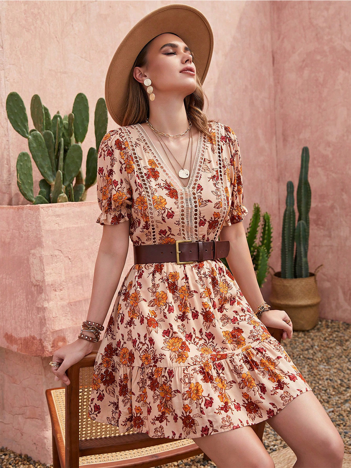 Floral V-Neck Flounce Sleeve Ruffle Hem Dress