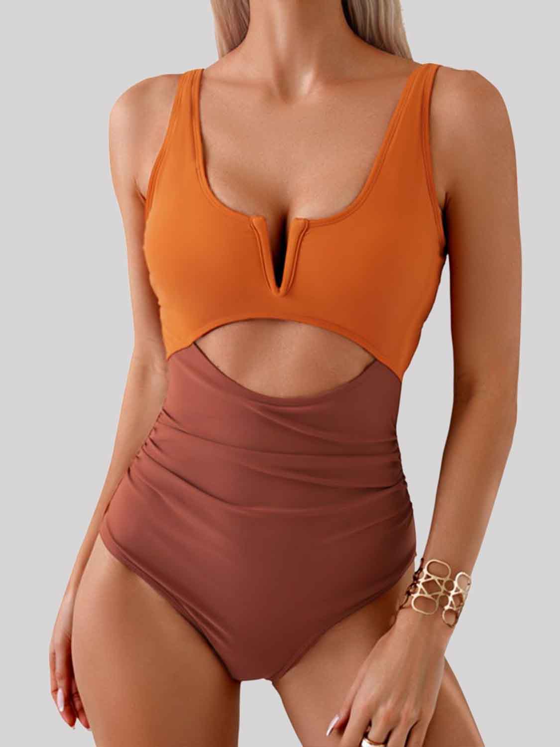 Tied Cutout Contrast One-Piece Swimwear