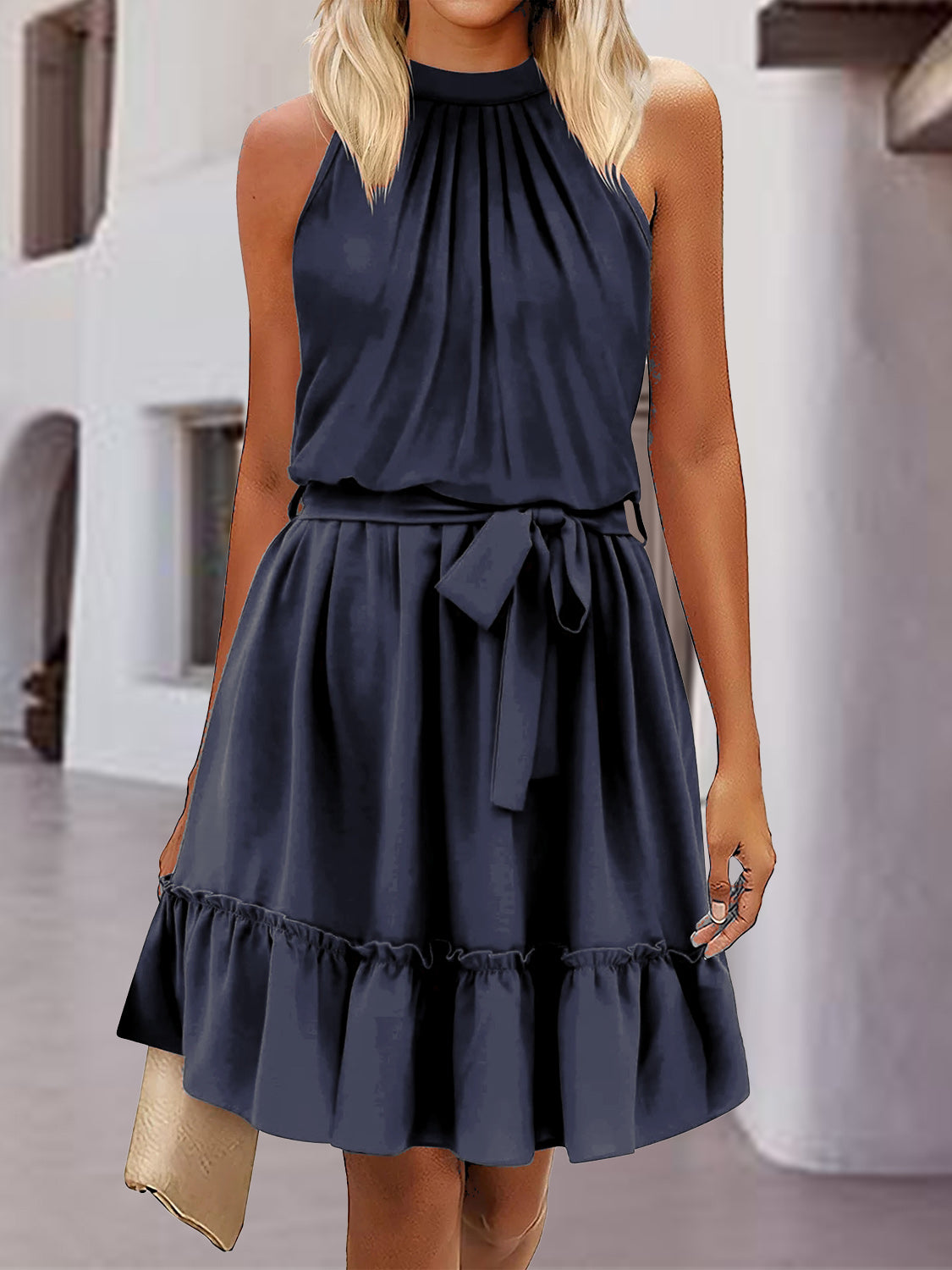 Frill Tied Mock Neck Sleeveless Dress