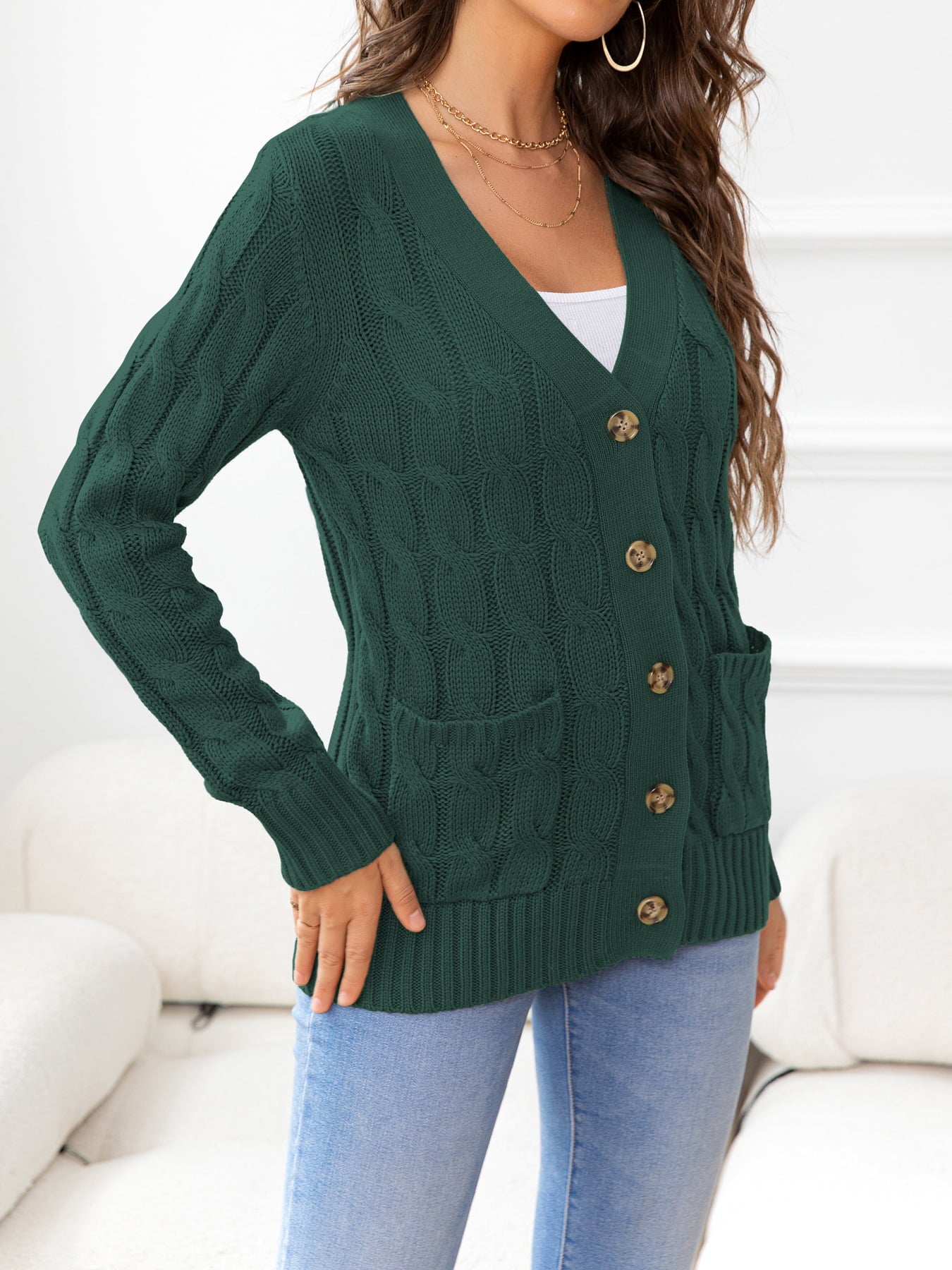 Button Down Cable-Knit Cardigan