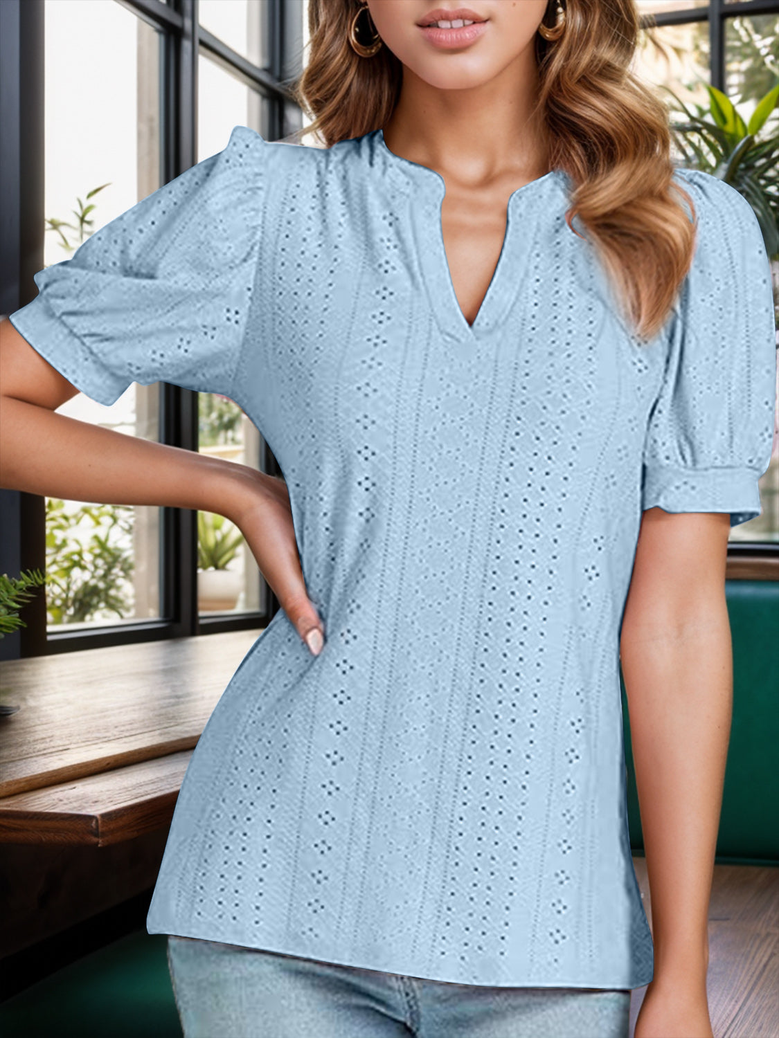 Eyelet Notched Short Sleeve Blouse