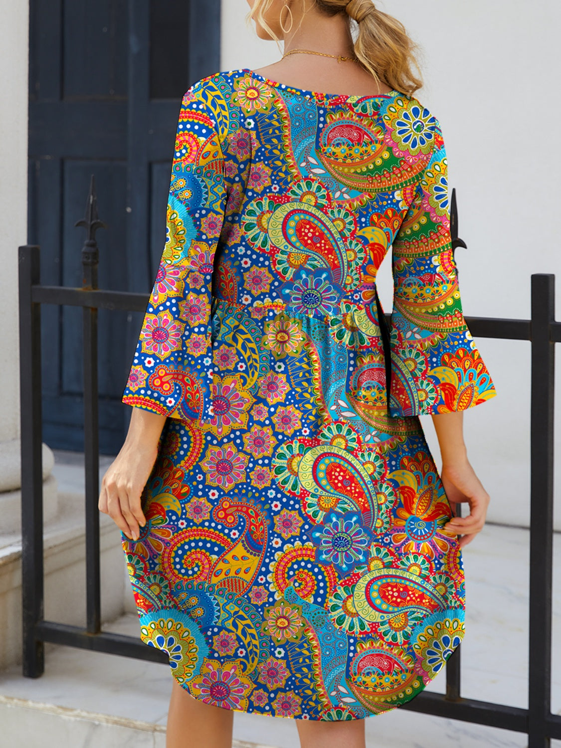 Paisley Print Round Neck Three-Quarter Sleeve Dress