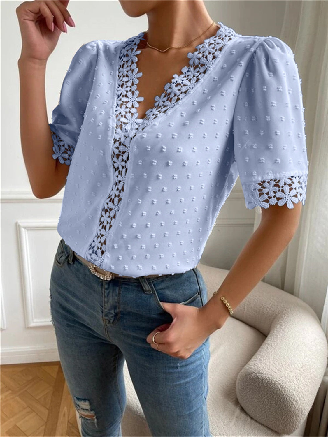 Swiss Dot V-Neck Short Sleeve Blouse